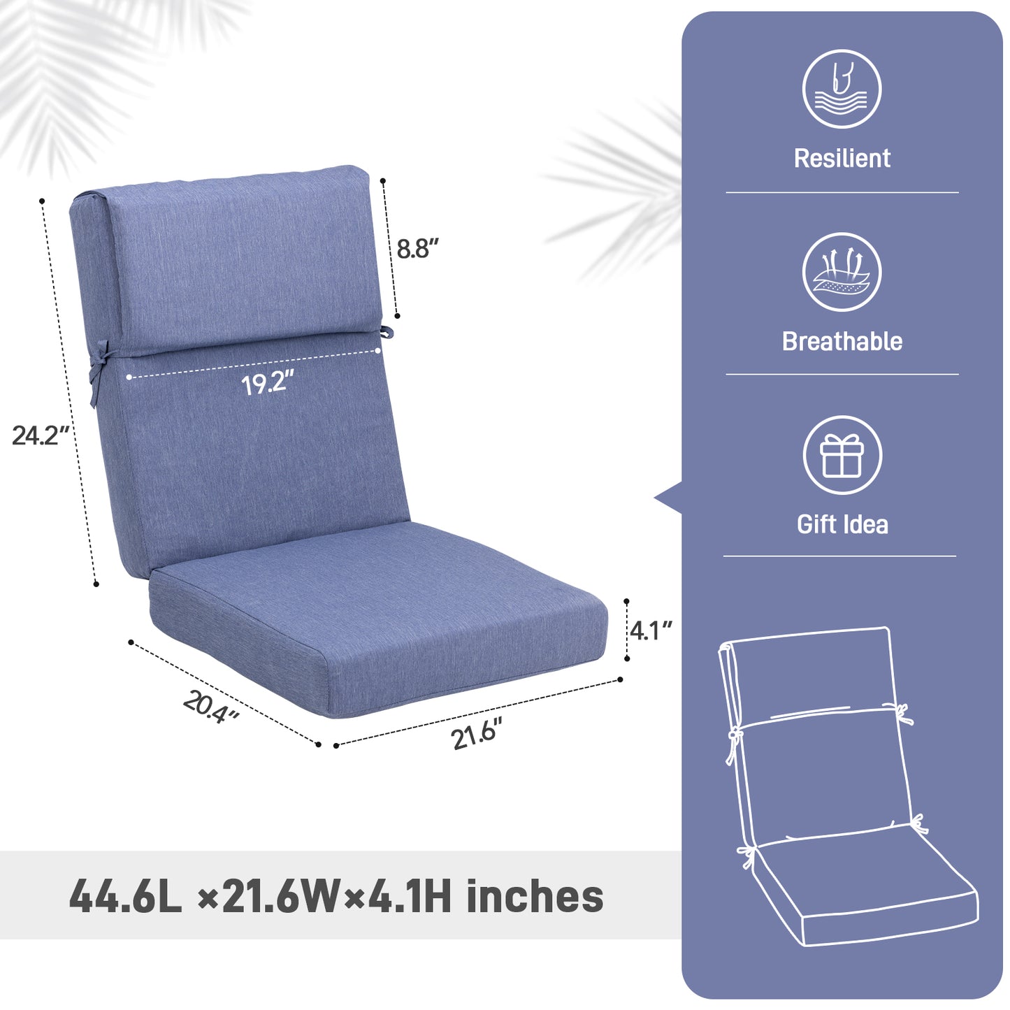 45x22x4 inch Outdoor High Back Patio Chair Cushions, Dark Blue
