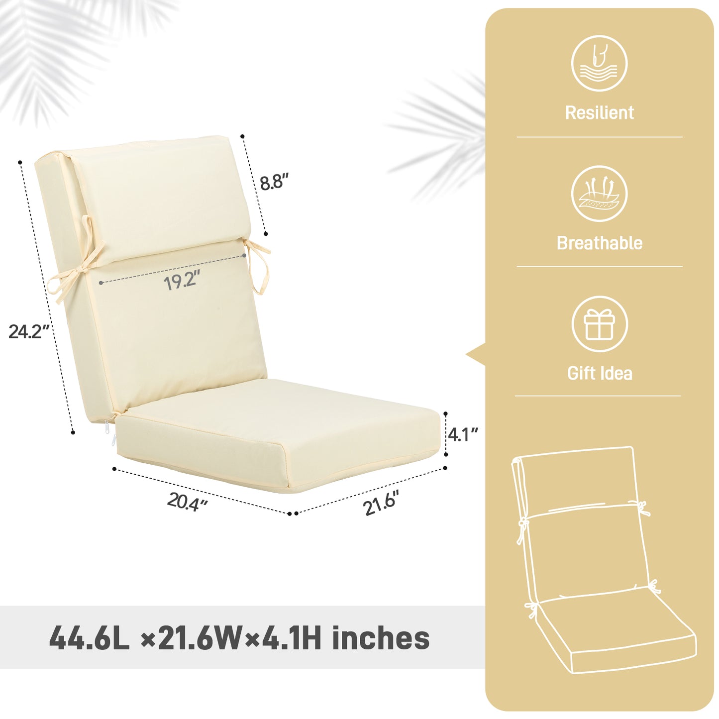 45x22x4 inch Outdoor High Back Patio Chair Cushions, Cream Yellow