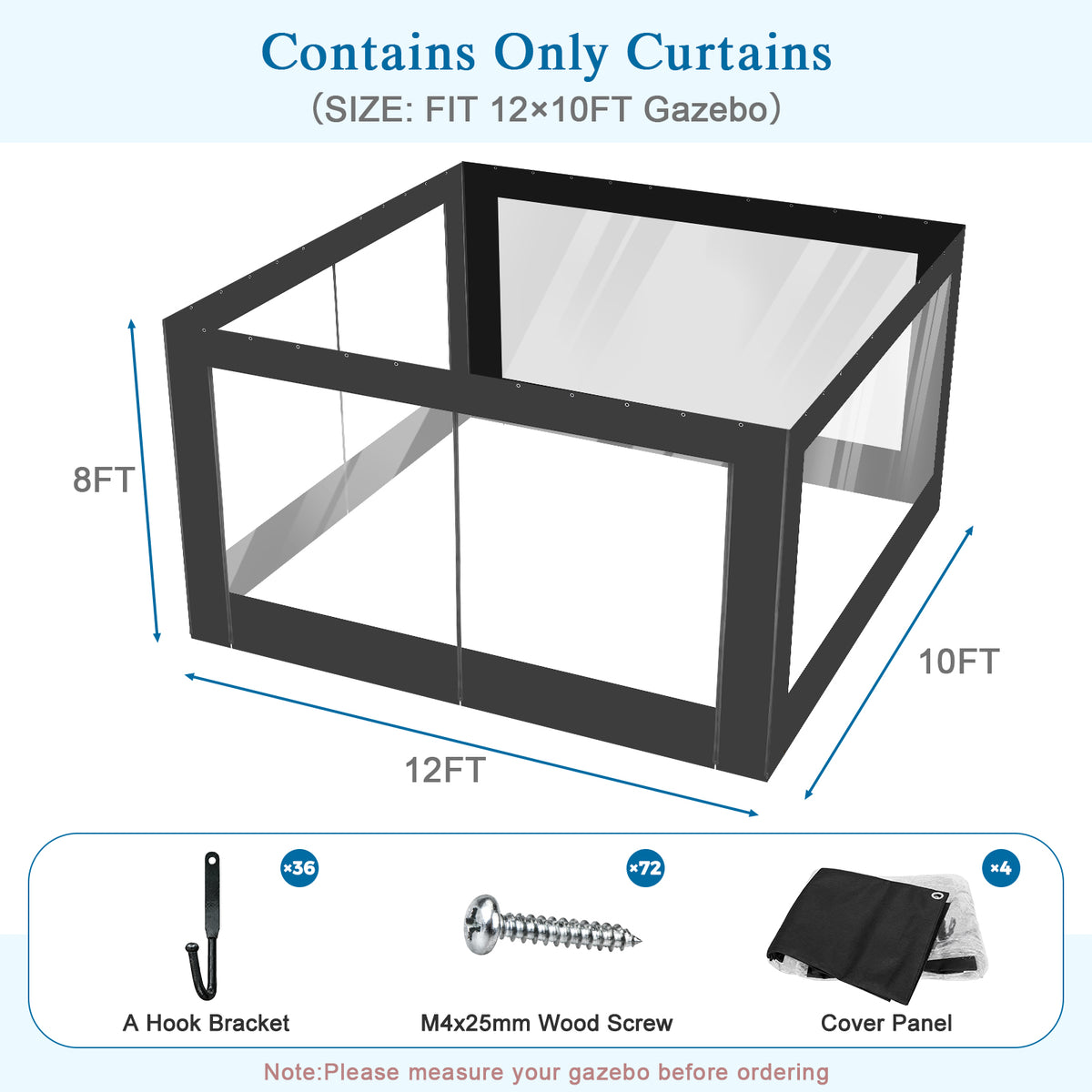 Aoodor Clear PVC Gazebo Curtains 10x10ft Outdoor Water-repellent Windproof