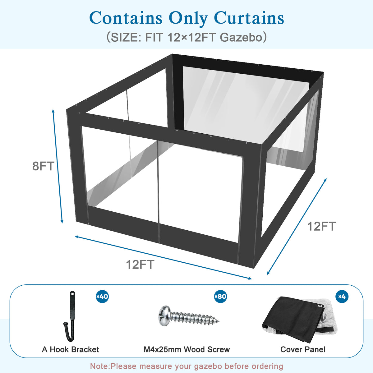 Aoodor Clear PVC Gazebo Curtains 10x10ft Outdoor Water-repellent Windproof