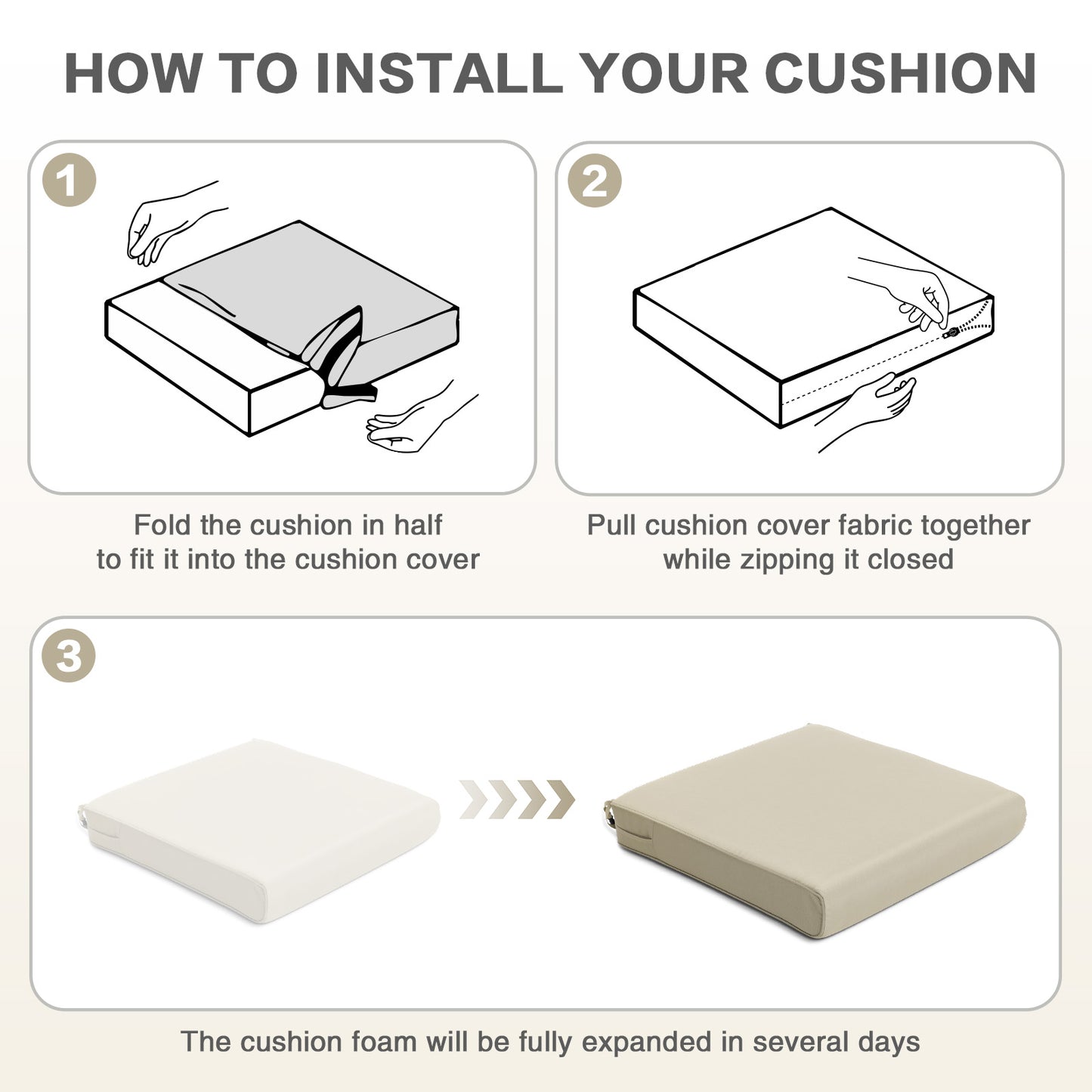 Outdoor Chair Cushion , Removable Cover with Hidden Zipper, Adaptable Secure Ties - Khaki