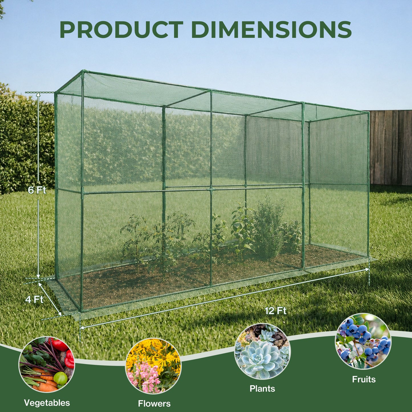 12x4x6 ft. Crop Cage Plant Protection Netting Tent with Zipper Doors
