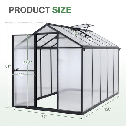 6x8/6x10 ft. Walk-in Polycarbonate Greenhouse with Roof Vent and Door lock