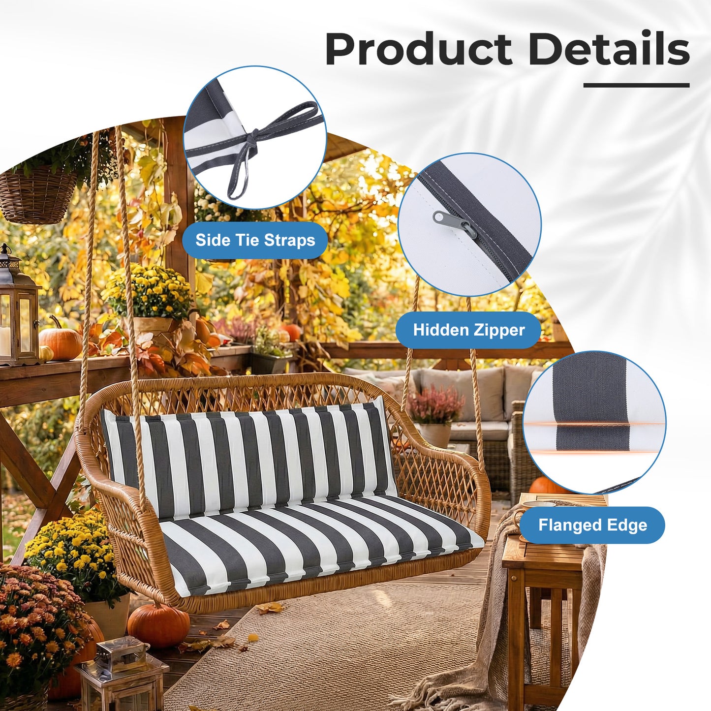 Outdoor 2-3 Seater Bench Cushion Set for Patio Swing and Bench, Grey Stripe