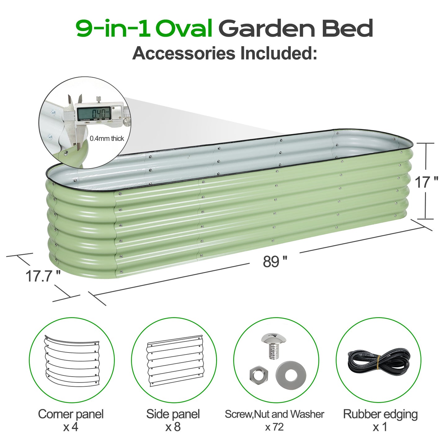 17" Tall 9-In-1 Modular Oval Metal Raised Garden Bed Kit - 89"x18"