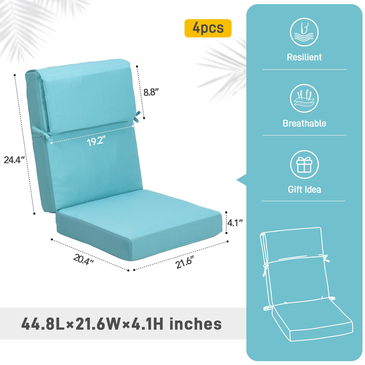 45x22x4 inch Outdoor High Back Patio Chair Cushions, Blue