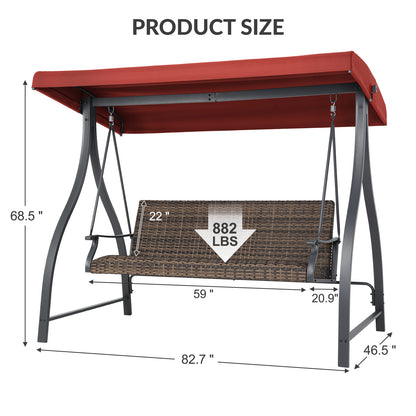 3-Seat Outdoor Rattan Patio Swing with Adjustable Canopy - Aoodor 