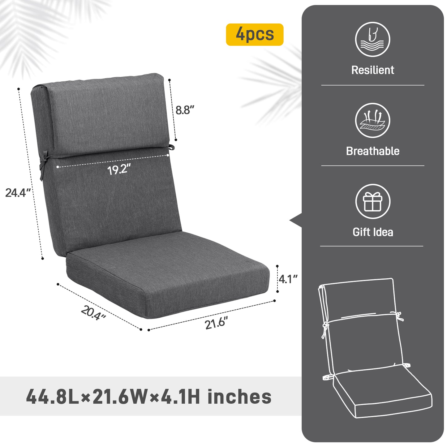 45x22x4 inch Outdoor High Back Patio Chair Cushions, Charcoal