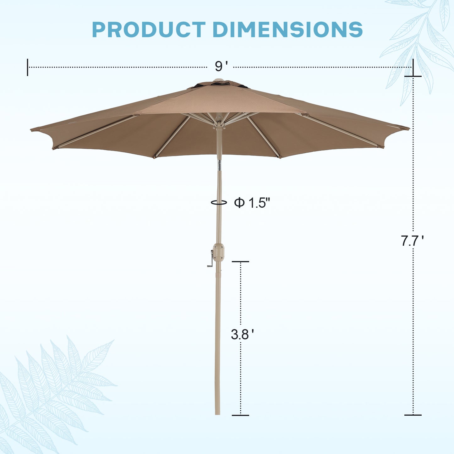 9 ft. Outdoor Patio Market Umbrella with 8 Sturdy Ribs, Push Button Tilt and Crank - Aoodor 