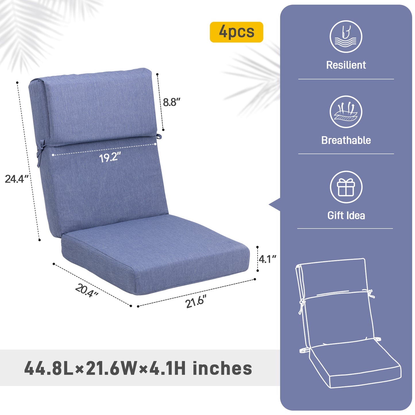 45x22x4 inch Outdoor High Back Patio Chair Cushions, Dark Blue
