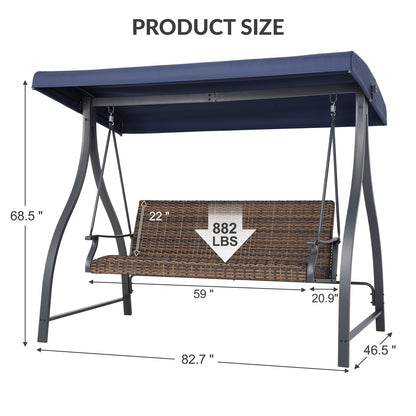 3-Seat Outdoor Rattan Patio Swing with Adjustable Canopy - Aoodor 