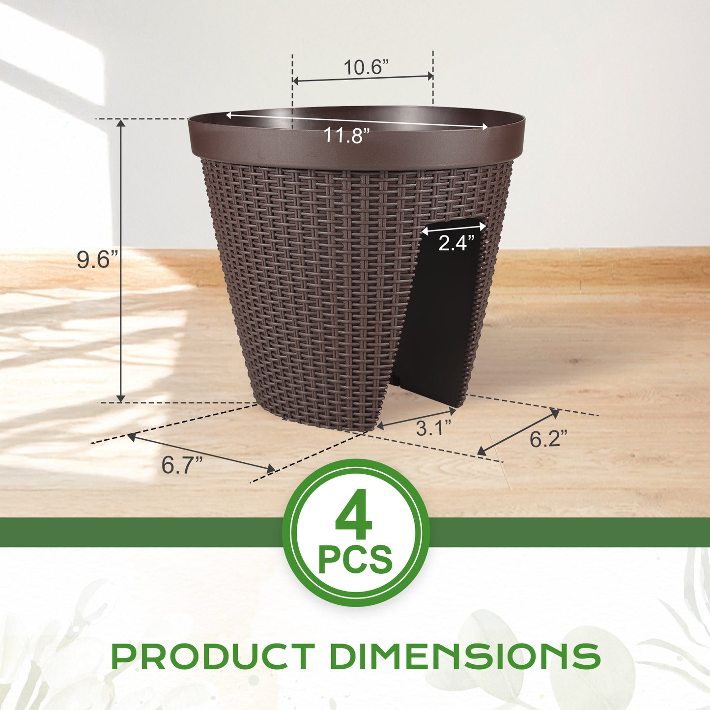 12 inch Balcony Rattan Railing Planter Box with Adjustable Brackets - Set of 4 - Aoodor 