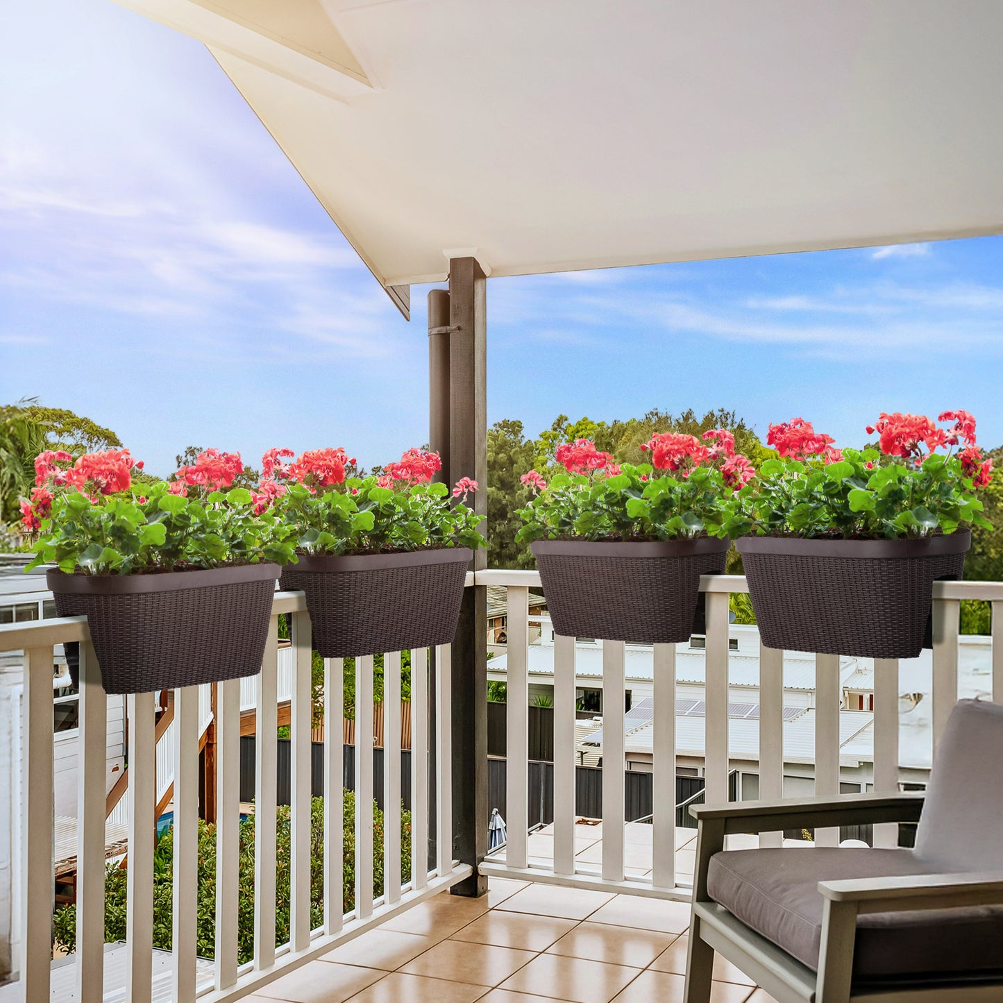 19.6 inch Balcony Rattan Pattern Railing Planter Box with Drainage Holes and Adjustable Brackets - Set of 4 - Aoodor 