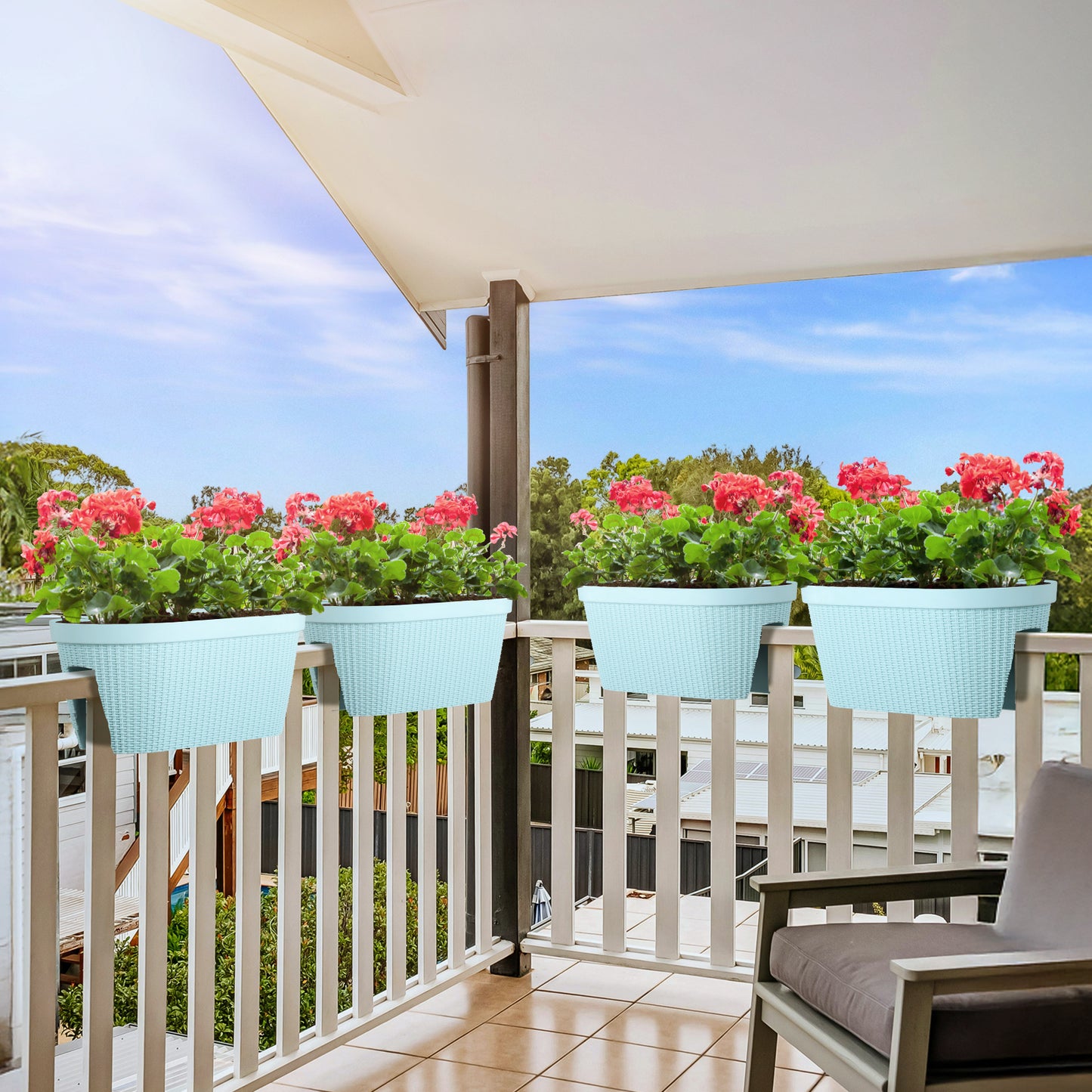 19.6 inch Balcony Rattan Pattern Railing Planter Box with Drainage Holes and Adjustable Brackets - Set of 4 - Aoodor 