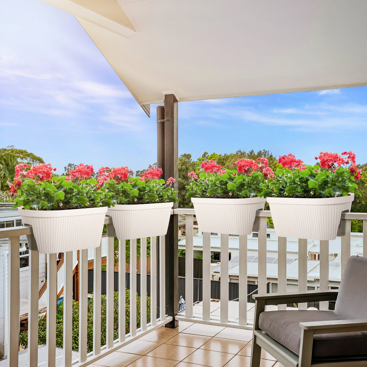 19.6 inch Balcony Rattan Pattern Railing Planter Box with Drainage Holes and Adjustable Brackets - Set of 4 - Aoodor 