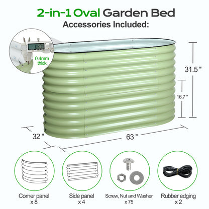 31.5" Tall 2-In-1 Modular Oval Metal Raised Garden Bed Kit - 63"x32"