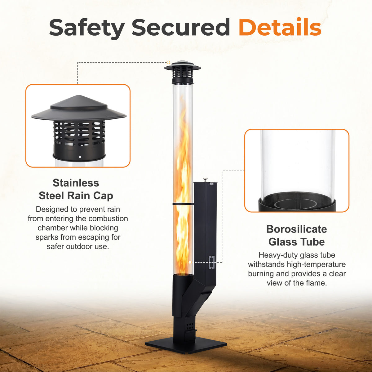 56 Inch Patio Pellet Heater Outdoor Smokeless Wood Pellet Burning Flame with Rain Cap and Viewing Window