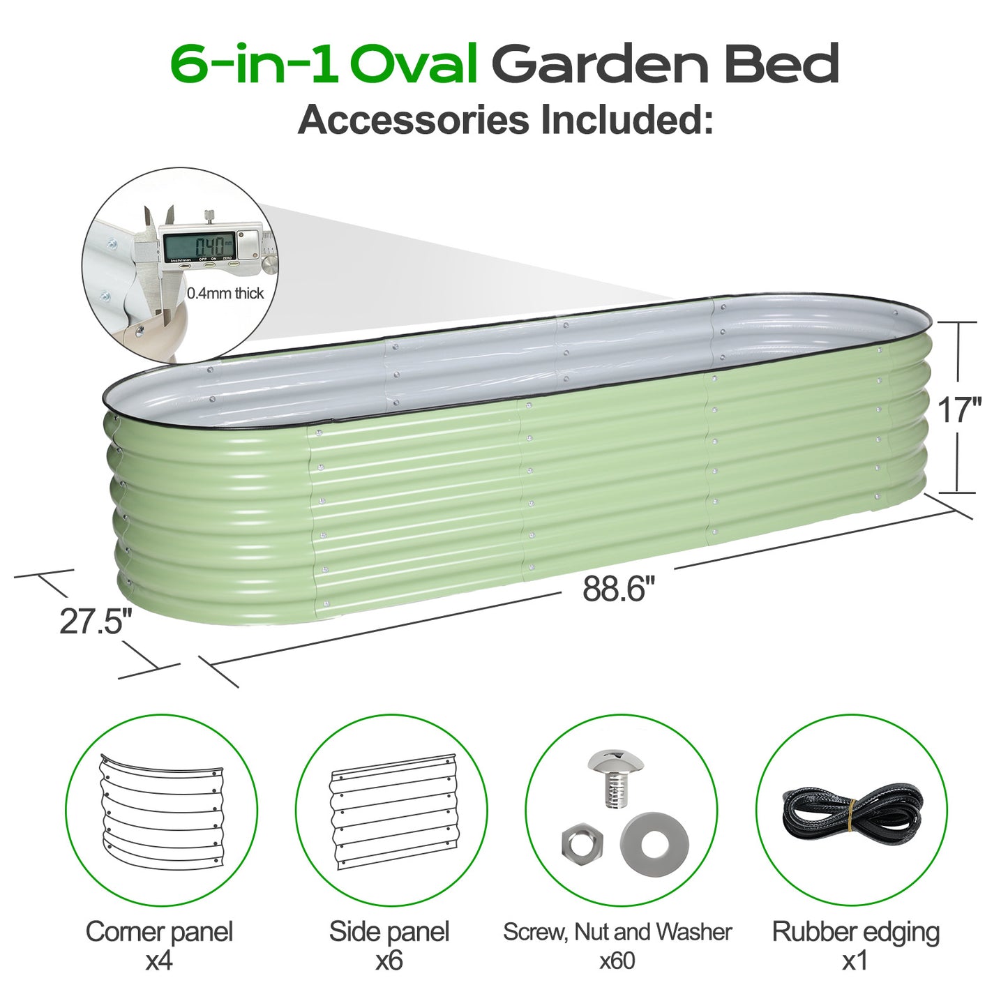 17" Tall 9-In-1 Modular Oval Metal Raised Garden Bed Kit - 88"x27"