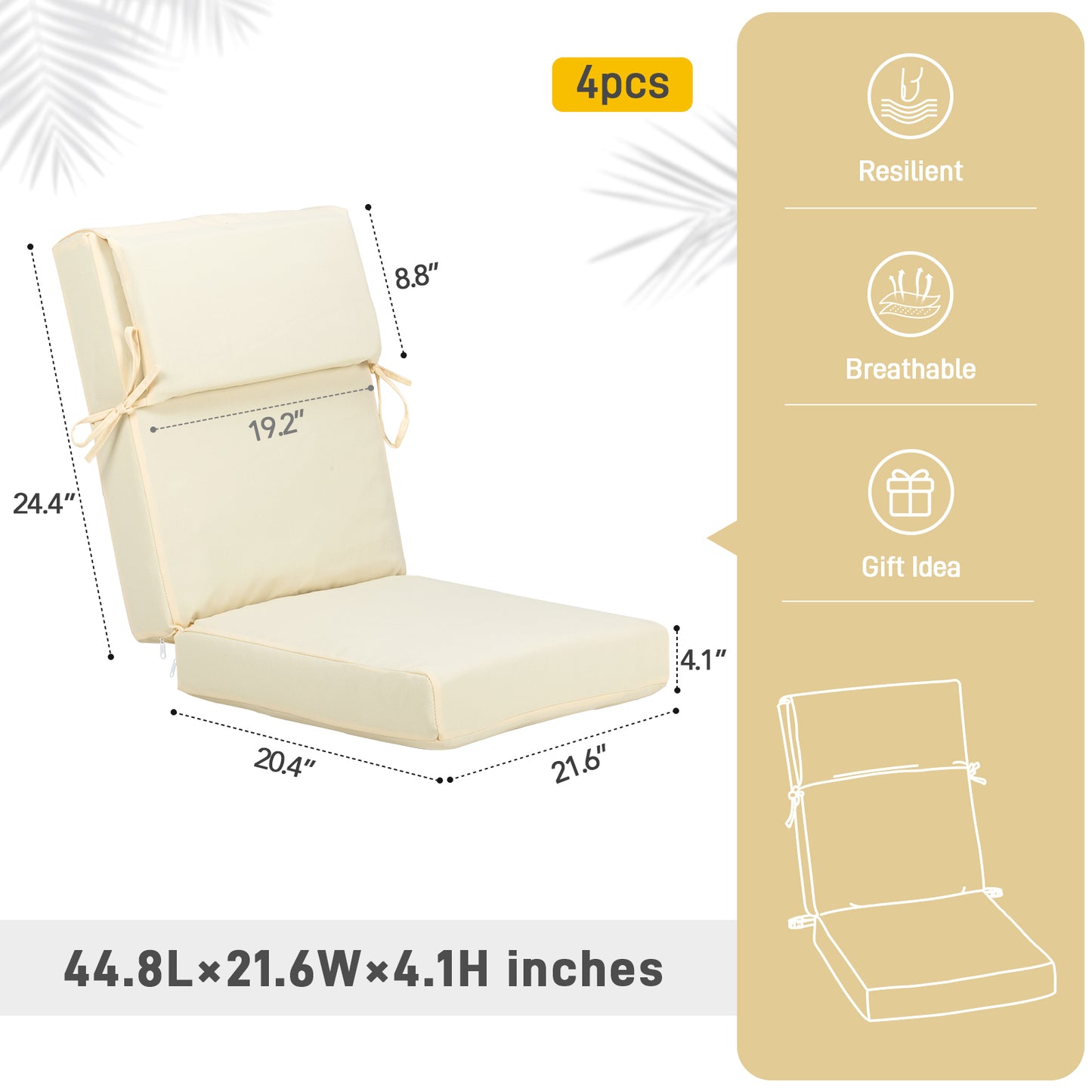 45x22x4 inch Outdoor High Back Patio Chair Cushions, Cream Yellow