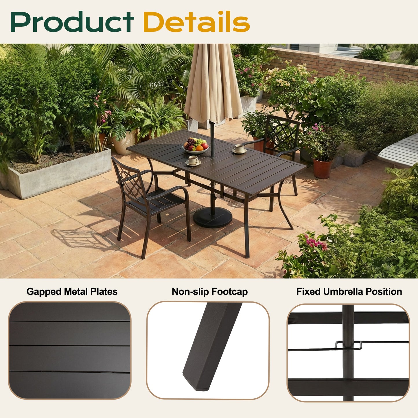 Patio Dining Table for 6, 83 inch Rectangular Metal Outdoor Patio Table with Umbrella Hole