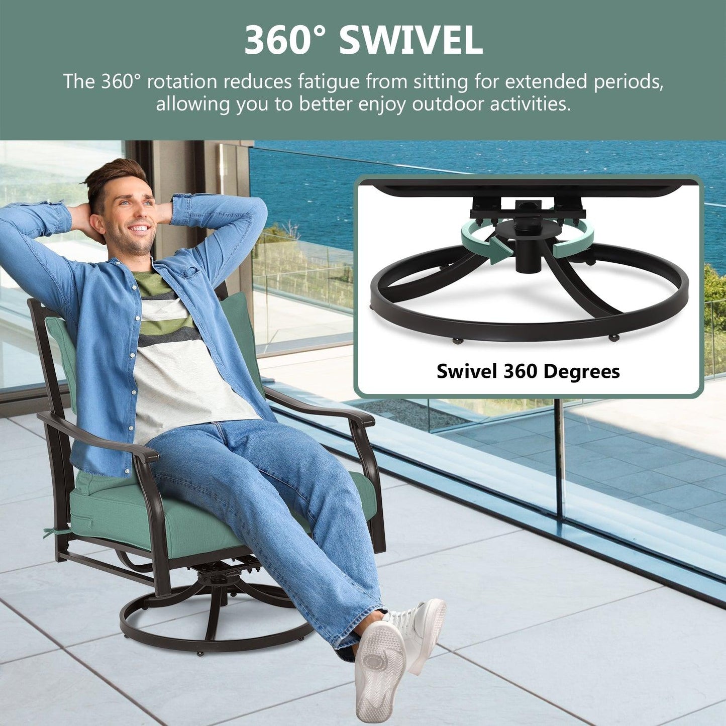 Outdoor Swivel Chair Set -  Two Chairs, One Glass Table, and Two Thick Cushions - Aoodor 