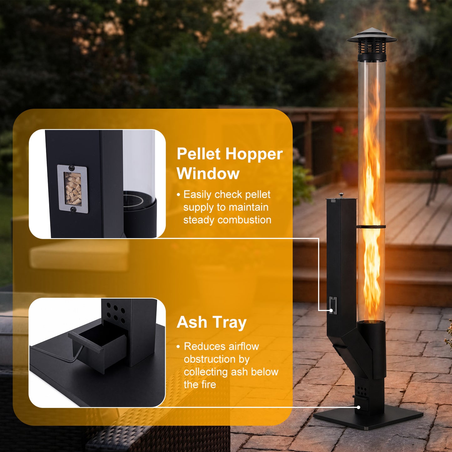 56 Inch Patio Pellet Heater Outdoor Smokeless Wood Pellet Burning Flame with Rain Cap and Viewing Window