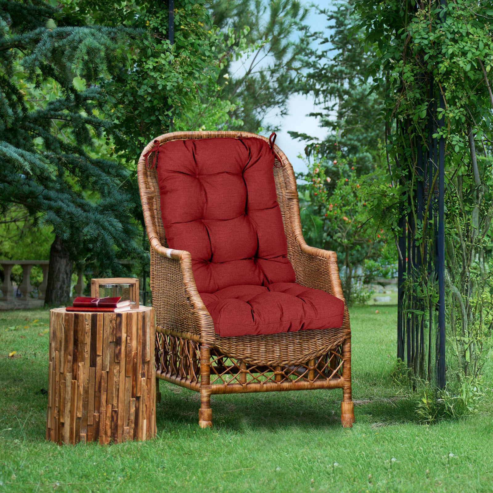 Tufted Outdoor High Back Chair Cushions Patio Replacement Cushion, Red - Aoodor 