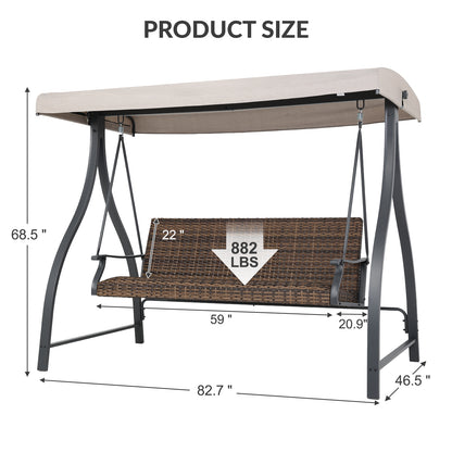3-Seat Outdoor Rattan Patio Swing with Adjustable Canopy - Aoodor 