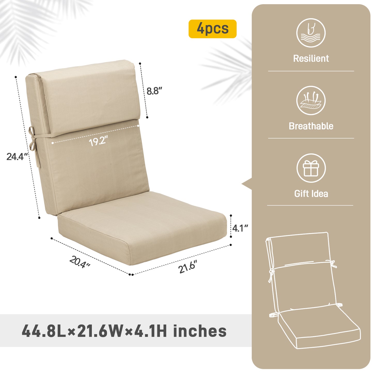 45x22x4 inch Outdoor High Back Patio Chair Cushions, Brown