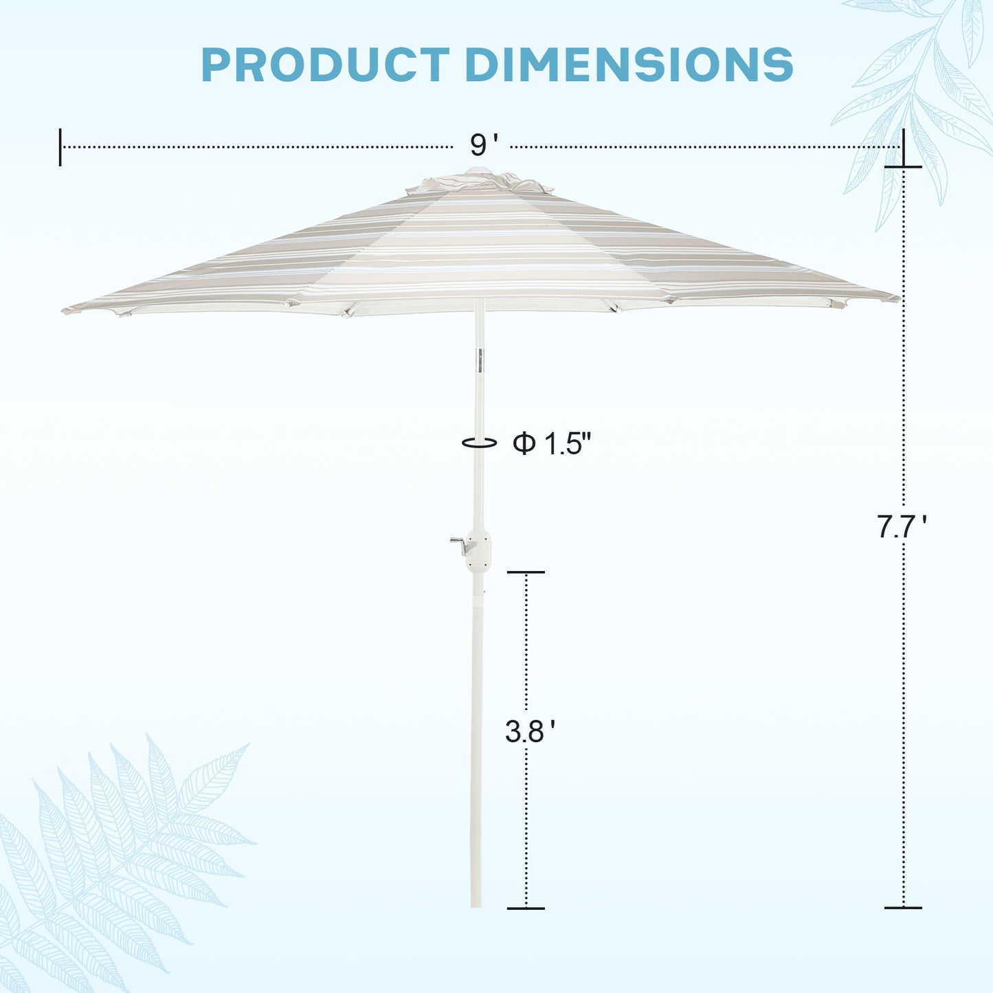 9 ft. Outdoor Patio Market Umbrella with 8 Sturdy Ribs, Push Button Tilt and Crank