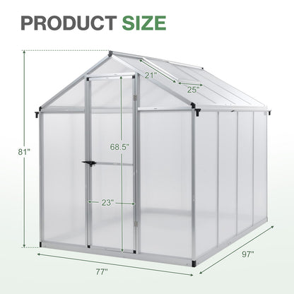 6x8/6x10 ft. Walk-in Polycarbonate Greenhouse with Roof Vent and Door lock