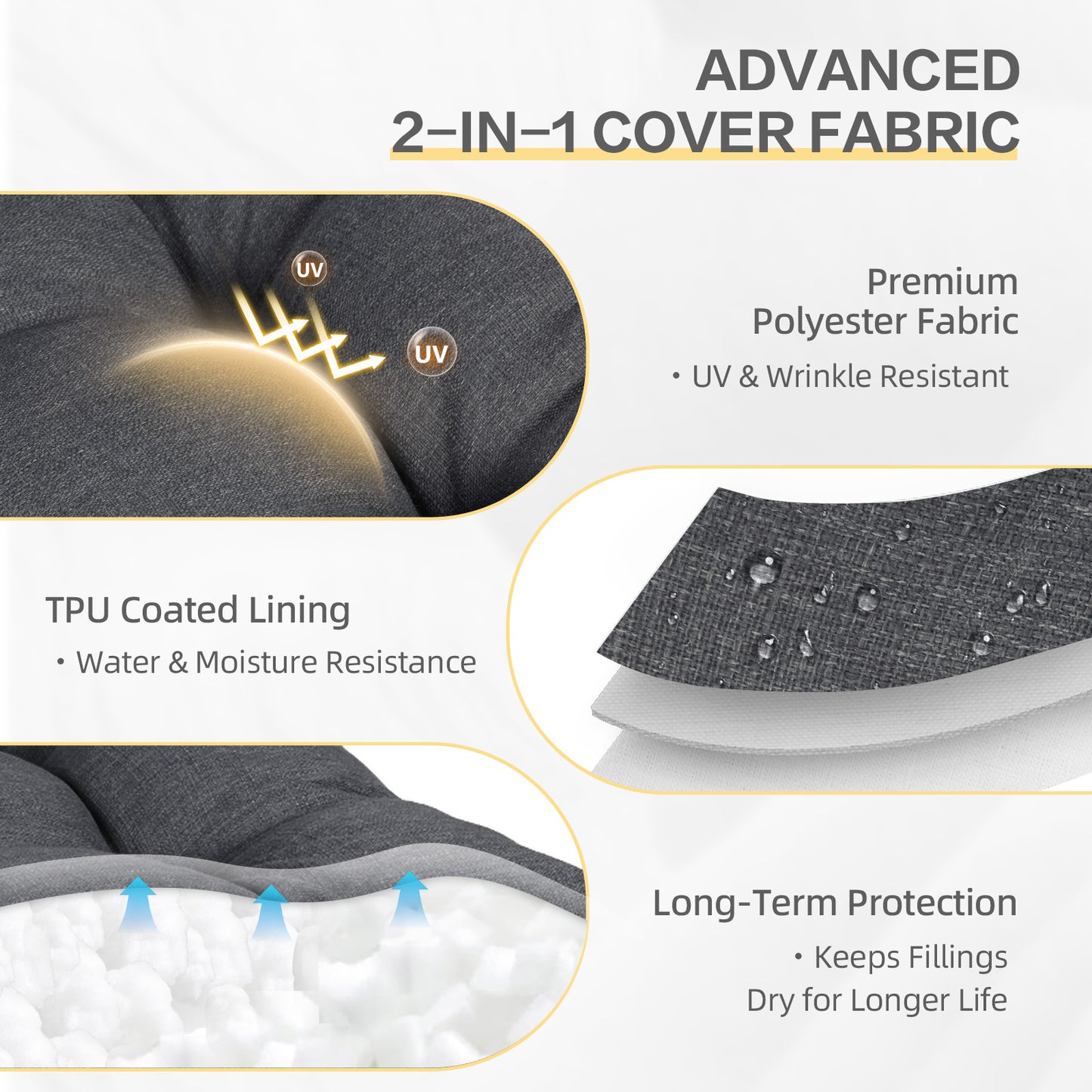 Outdoor High Back Tufted Adirondack Chair Cushion, Patio Rocking Chair Cushions with Ties, Set of 2, Dark Gray - Aoodor 