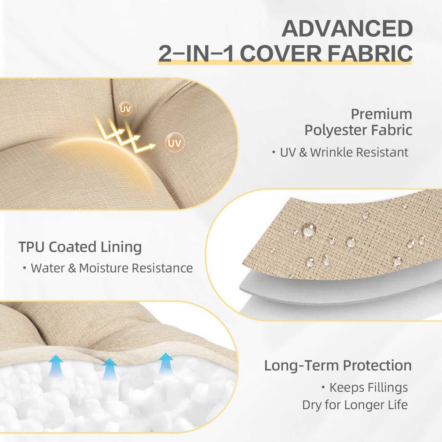 Outdoor High Back Tufted Adirondack Chair Cushion, Patio Rocking Chair Cushions with Ties, Set of 2, Khaki - Aoodor 