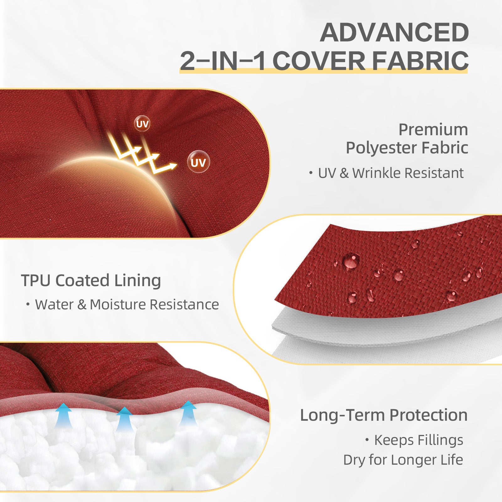 Outdoor High Back Tufted Adirondack Chair Cushion, Patio Rocking Chair Cushions with Ties, Set of 2, Red - Aoodor 