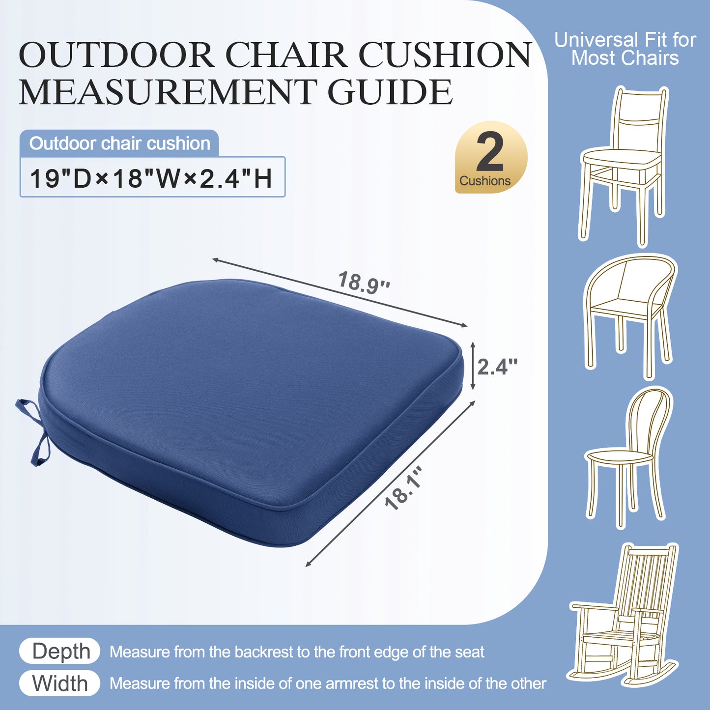Outdoor Dining Chair Cushions Set, Patio Seat Pads, Dark Blue