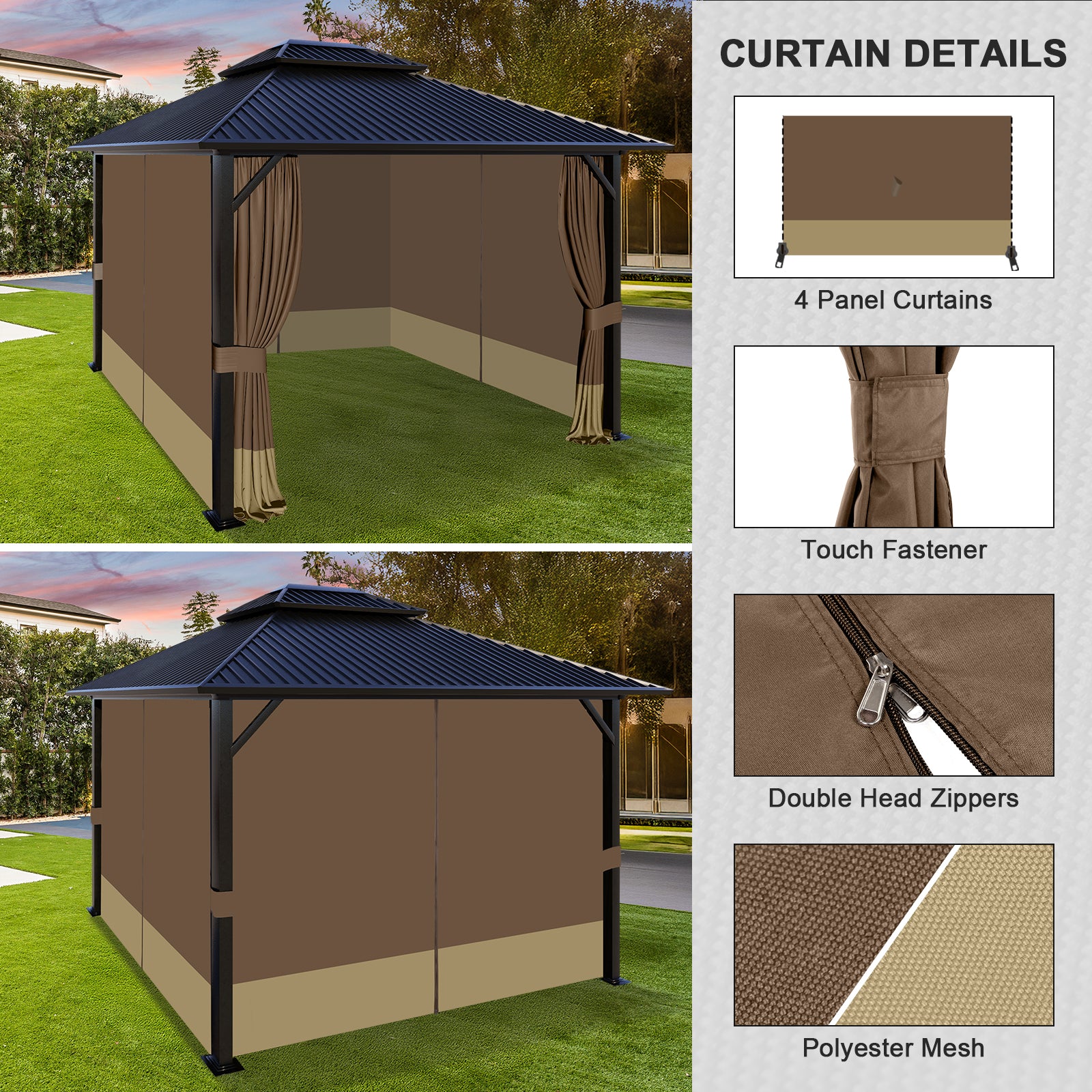 Outdoor Gazebo Curtains, 4 Panels Privacy Sidewall Replacement (Curtain Only) - Coffee and Khaki - Aoodor 