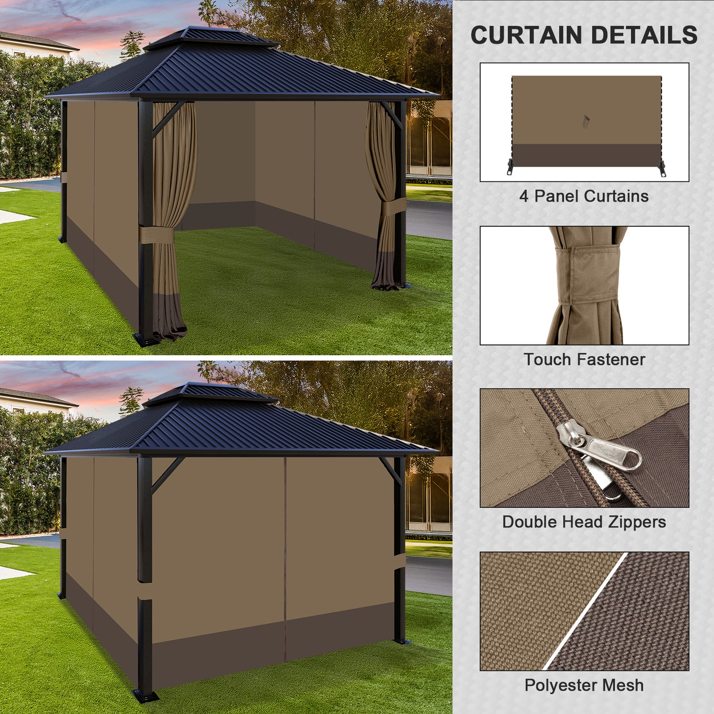 Outdoor Gazebo Curtains, 4 Panels Privacy Sidewall Replacement (Curtain Only) - Light Coffee and Coffee - Aoodor 