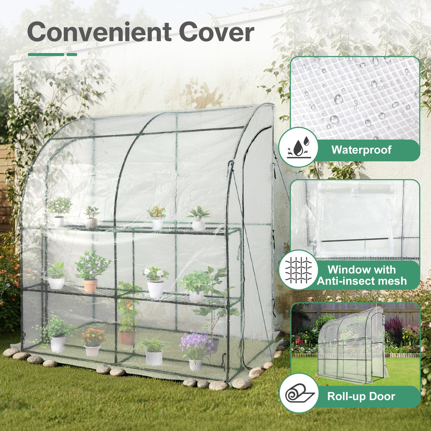 7x3x7 ft. Lean to Greenhouse for Outdoors, Portable Walk-in Greenhouse - Aoodor 