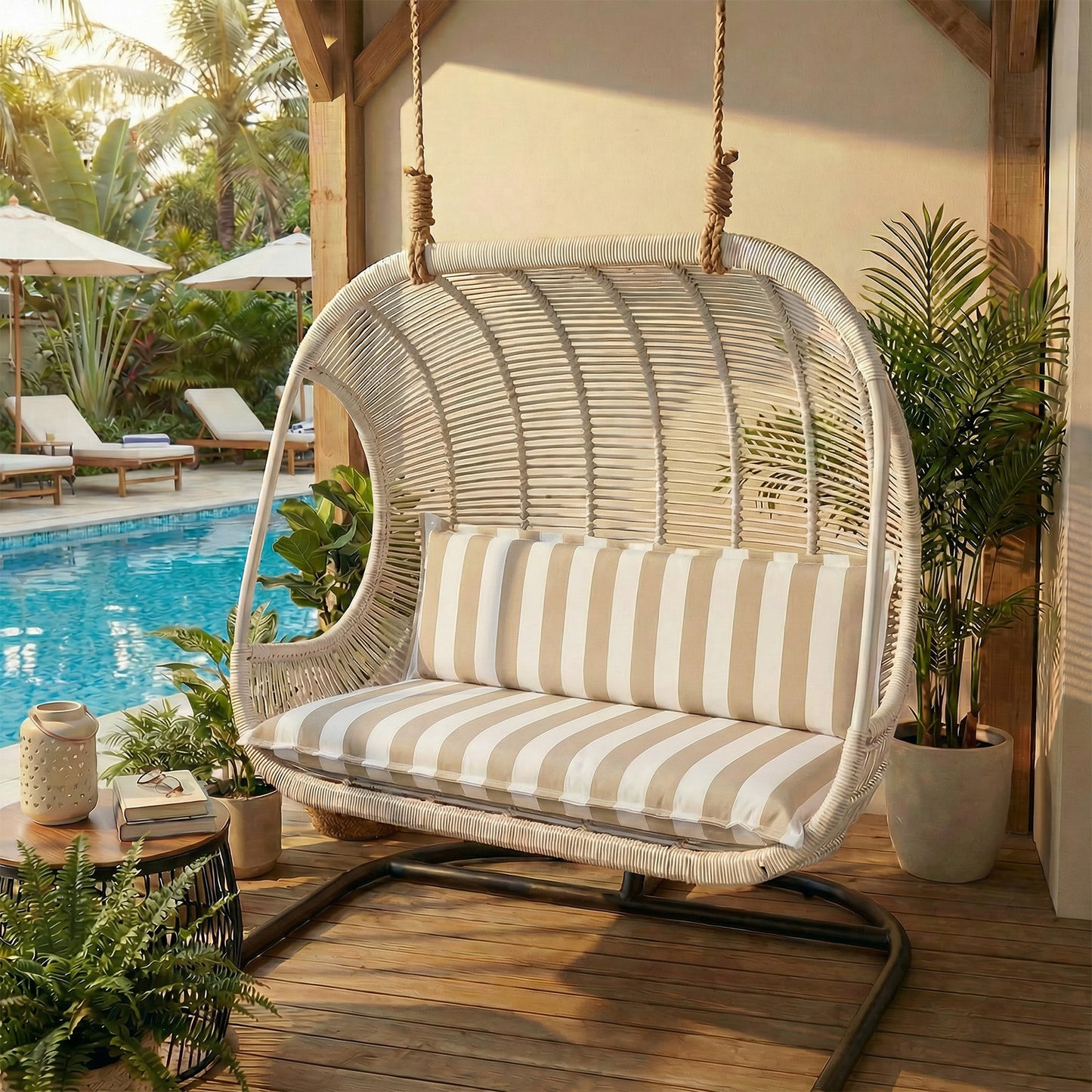 Outdoor 2-3 Seater Bench Cushion Set for Patio Swing and Bench, Beige Stripe
