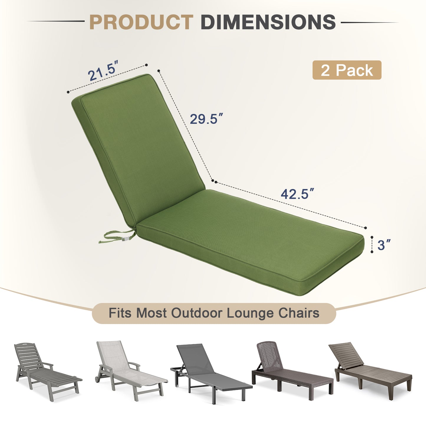 72x21x3 inch Patio Chaise Lounger Cushions Set of 2 - Green - Aoodor 