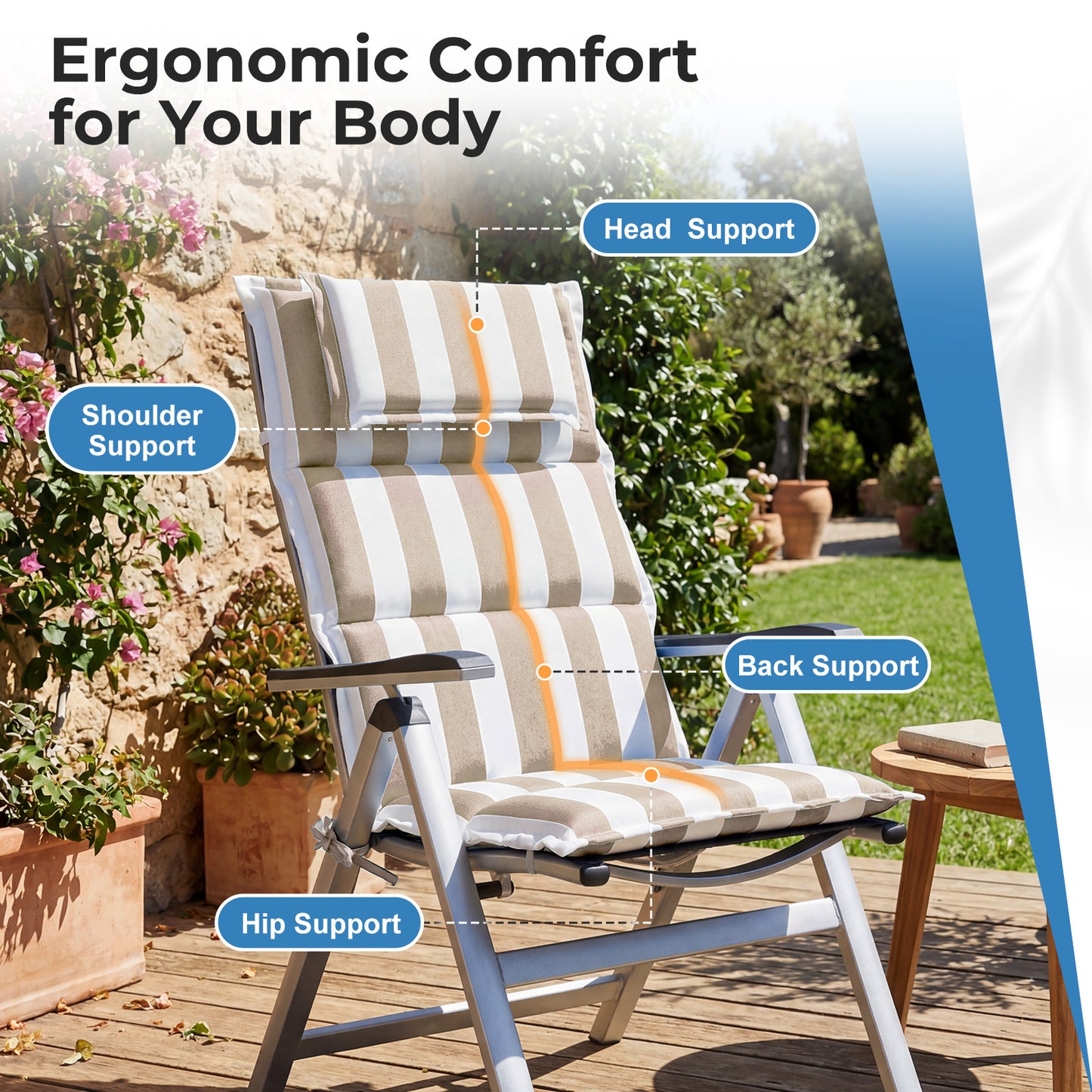 47x21x2.4 inch High Back Patio Chair Cushions with Headrest, Multi-Section, Beige Stripe