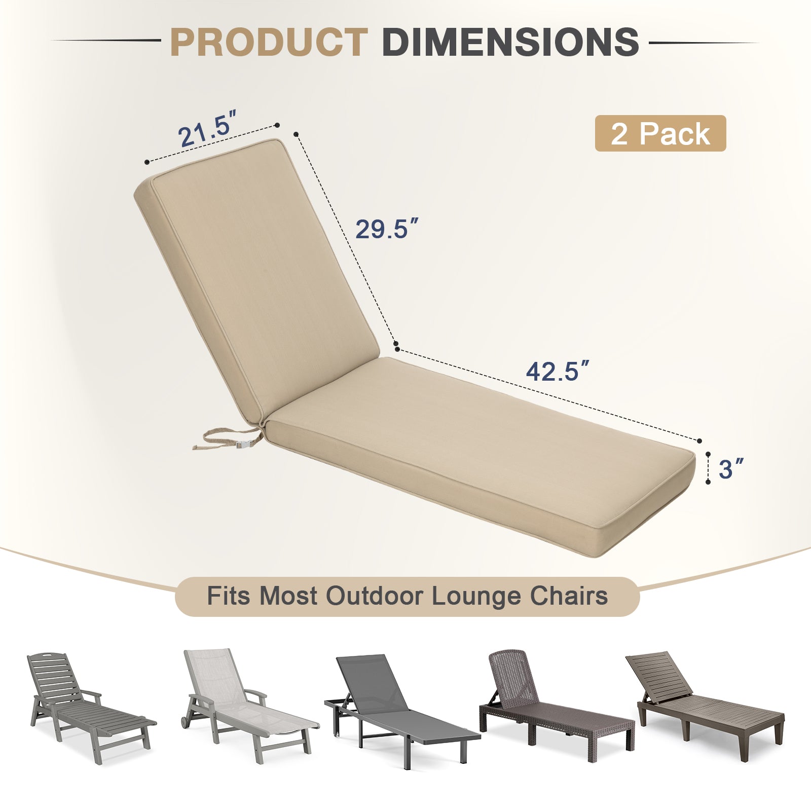 72x21x3 inch Patio Chaise Lounger Cushions Set of 2 - Brown - Aoodor 