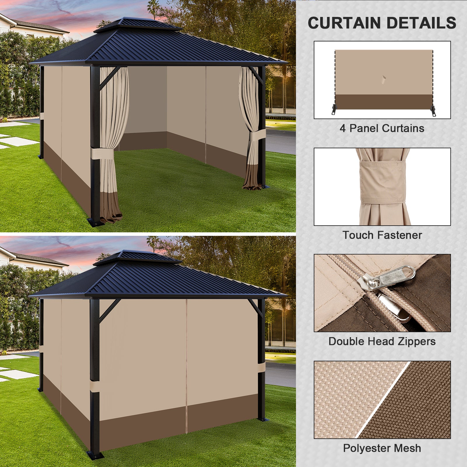 Outdoor Gazebo Curtains, 4 Panels Privacy Sidewall Replacement (Curtain Only) - Sand Yellow and Brown - Aoodor 