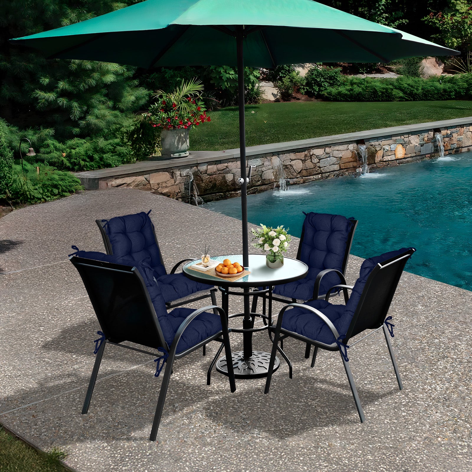 Tufted Outdoor High Back Chair Cushions Patio Replacement Cushion, Dark Blue - Aoodor 