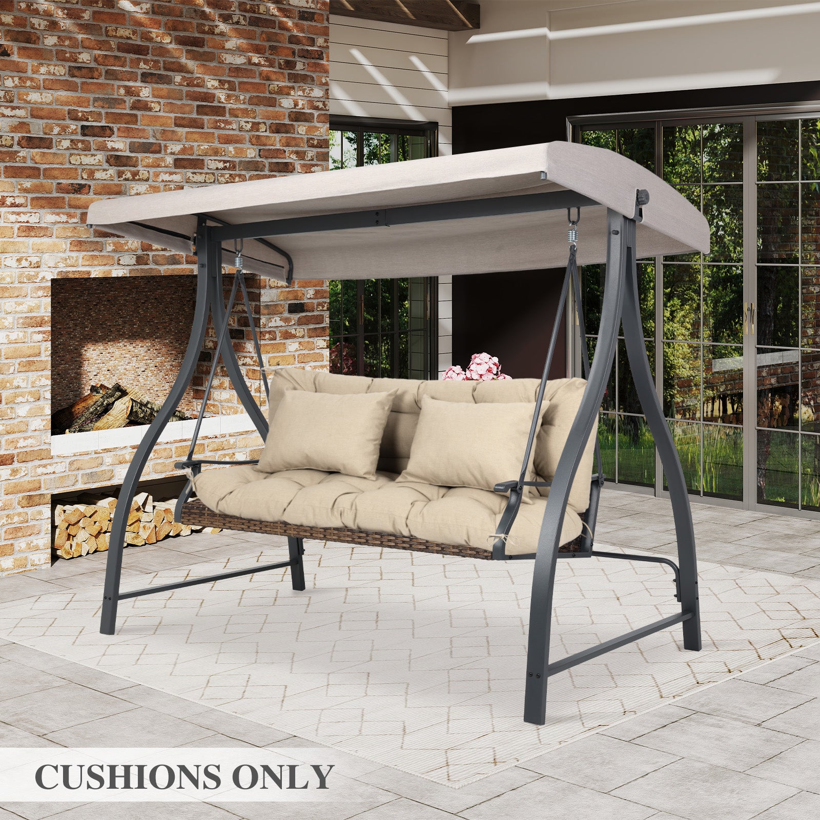 59" Tufted Porch Swing Cushions, Extra 5.1" Thick Outdoor Swing Bench Replacement Cushion with Backrest and 2 Pillows - Khaki - Aoodor 