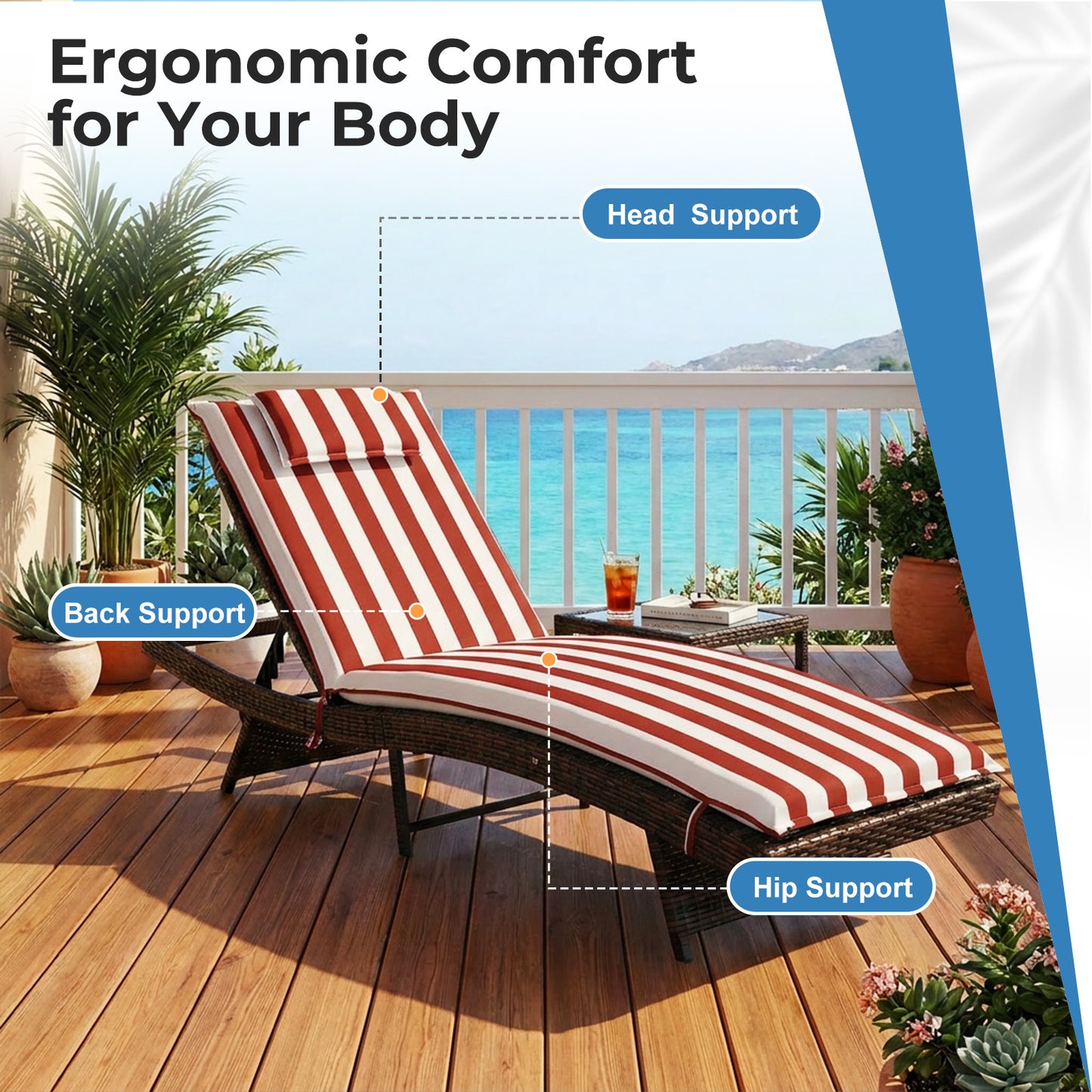 79x25x3 inch Outdoor Lounge Chair Cushion with Headrest, Red Stripe
