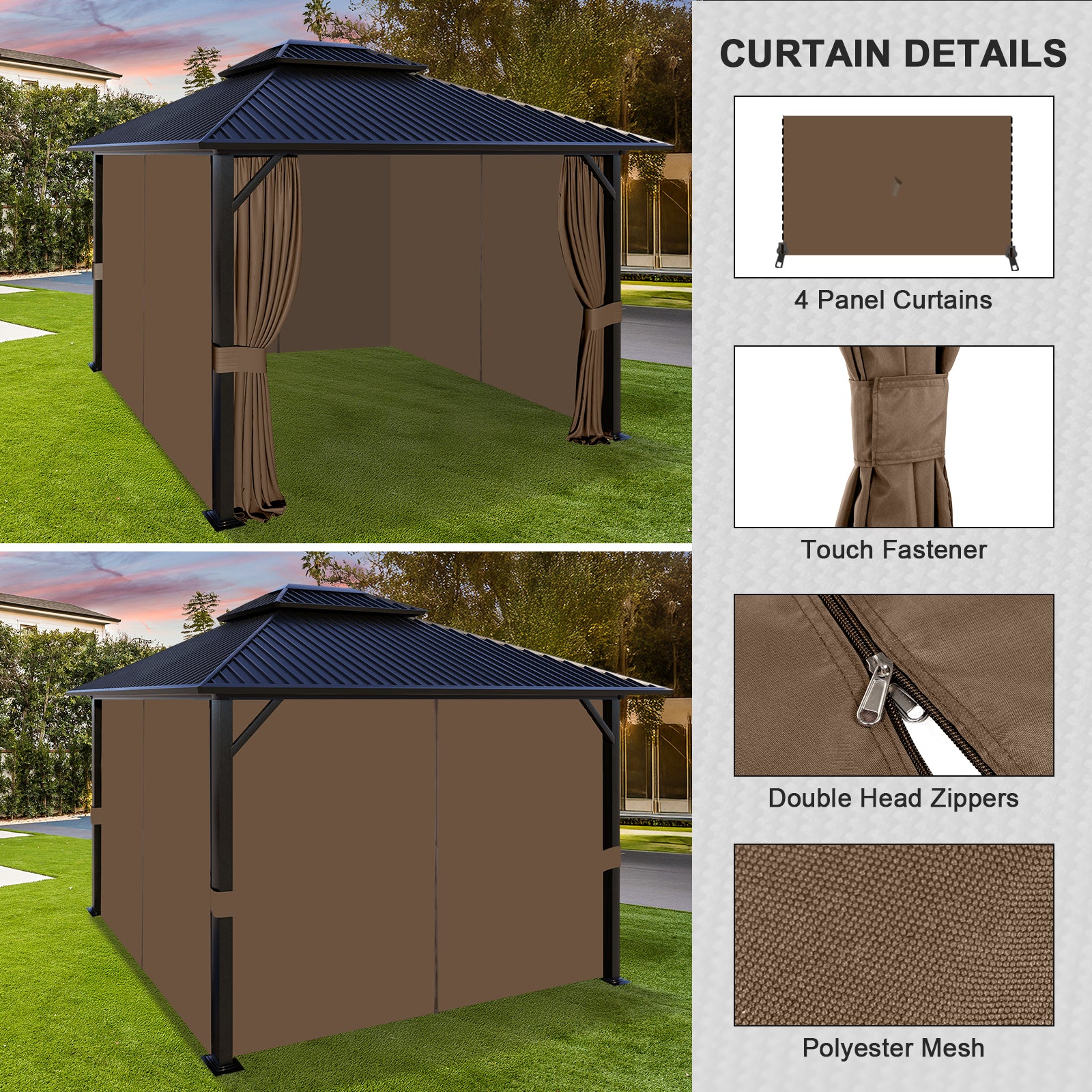Outdoor Gazebo Curtains, 4 Panels Privacy Sidewall Replacement (Curtain Only) - Brown - Aoodor 