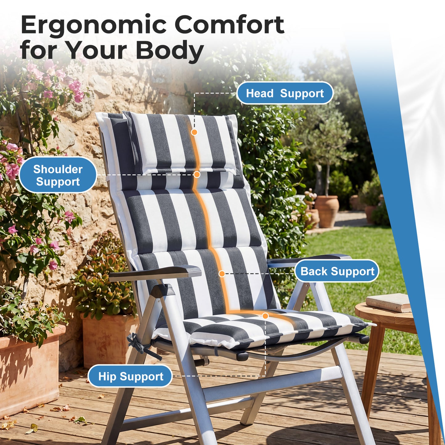 47x21x2.4 inch High Back Patio Chair Cushions with Headrest, Multi-Section, Grey Stripe