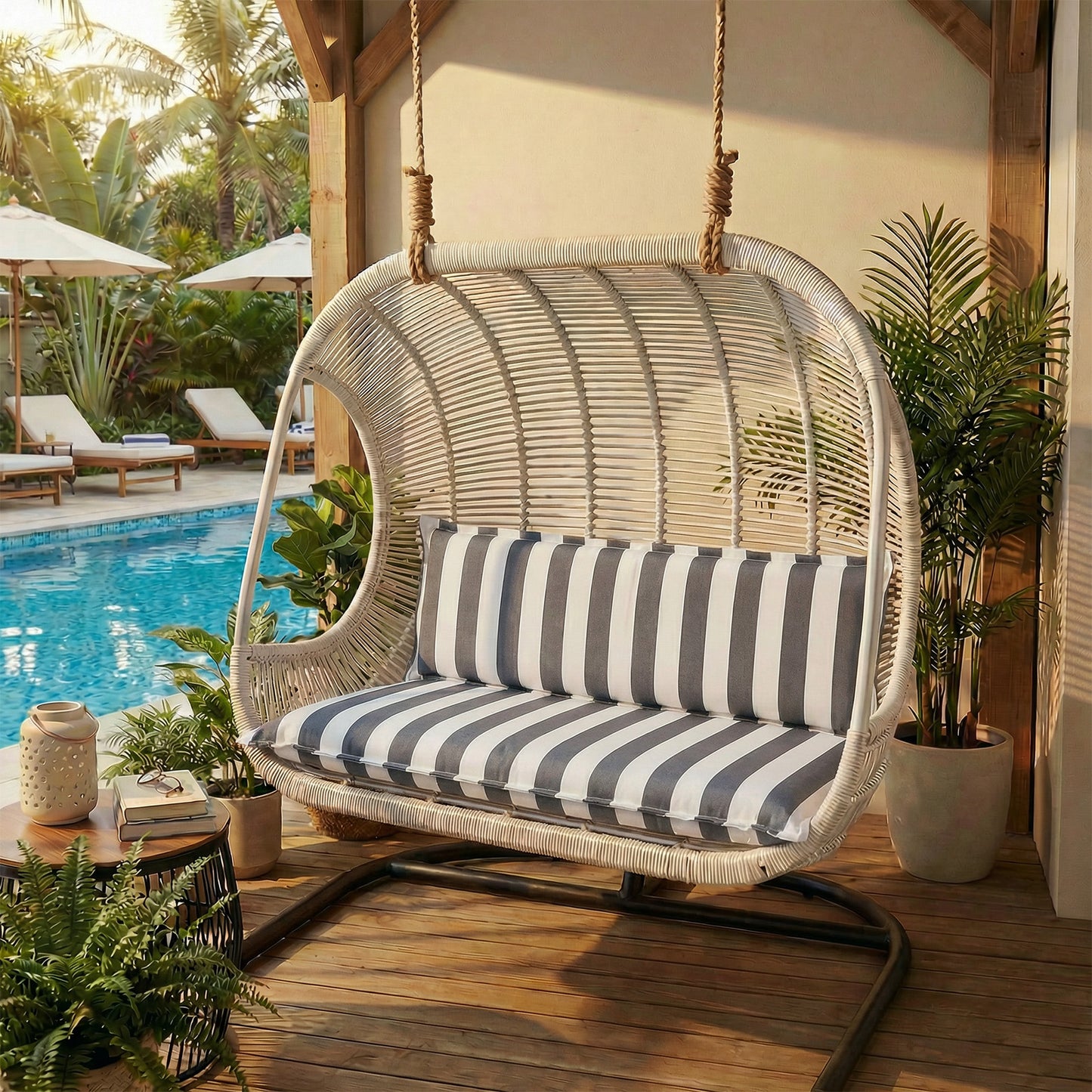 Outdoor 2-3 Seater Bench Cushion Set for Patio Swing and Bench, Grey Stripe