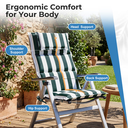 47x21x2.4 inch High Back Patio Chair Cushions with Headrest, Multi-Section, Green Stripe